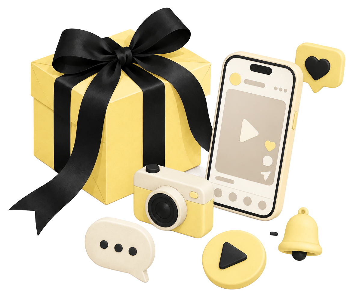 Caja de regalo amarilla con moño negro, acompañada de un teléfono, un corazón, un mensaje, una cámara y un botón de reproducción